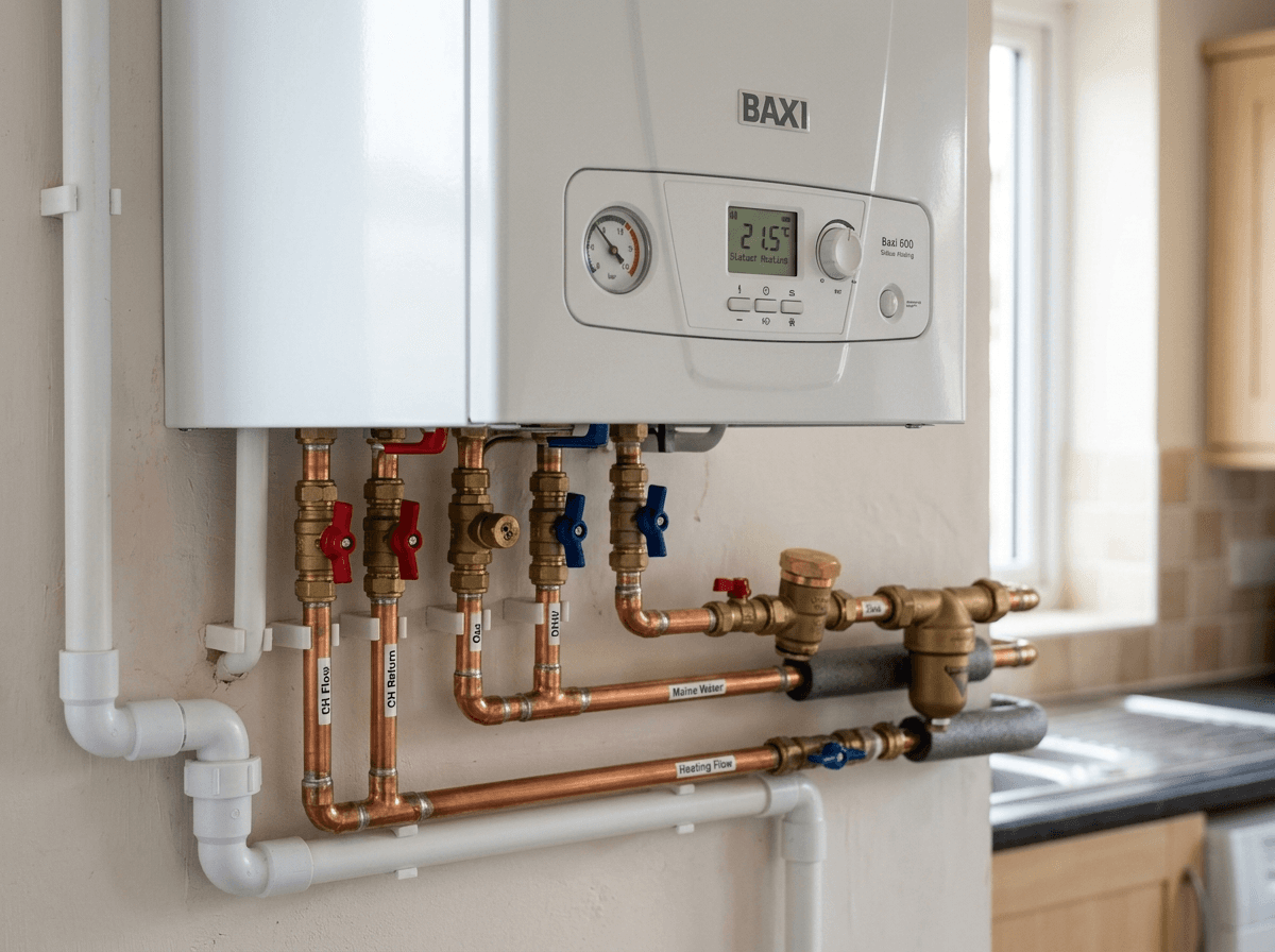 Wall-mounted combi boiler with newly installed copper pipework and labelled flow and return valves in a domestic kitchen