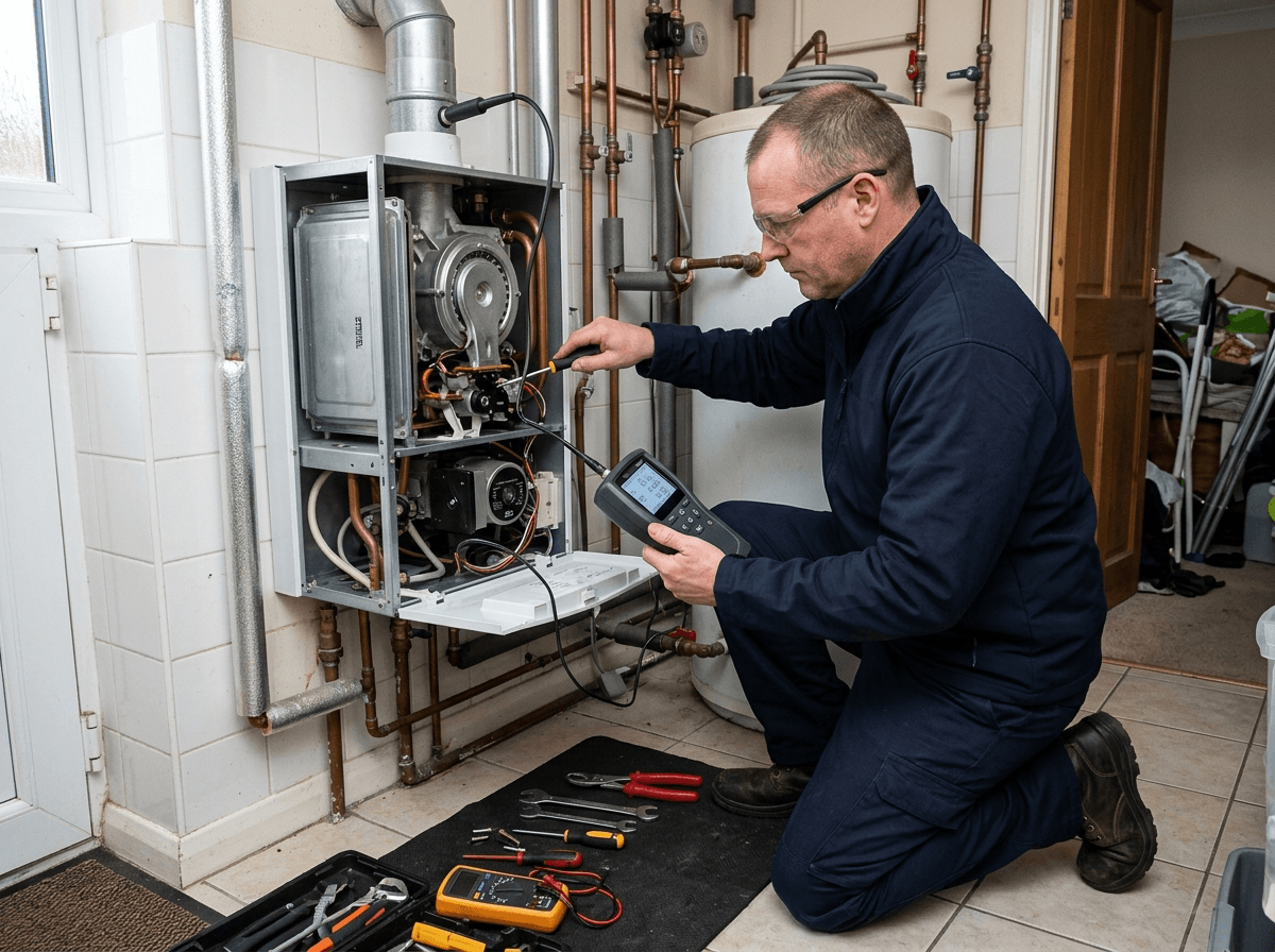 Heating engineer using a flue gas analyser to check a boiler's combustion readings during a service