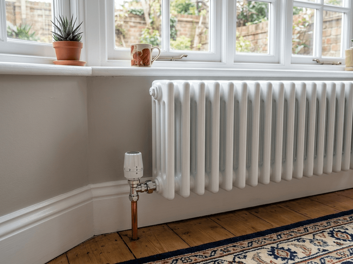 White column radiator with a thermostatic radiator valve in a bright period-property living room