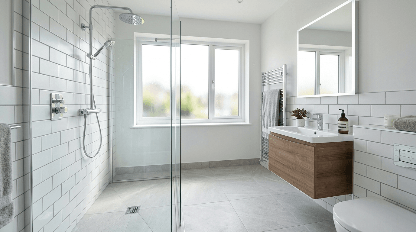 Modern walk-in shower with heated towel rail as part of a newly plumbed bathroom