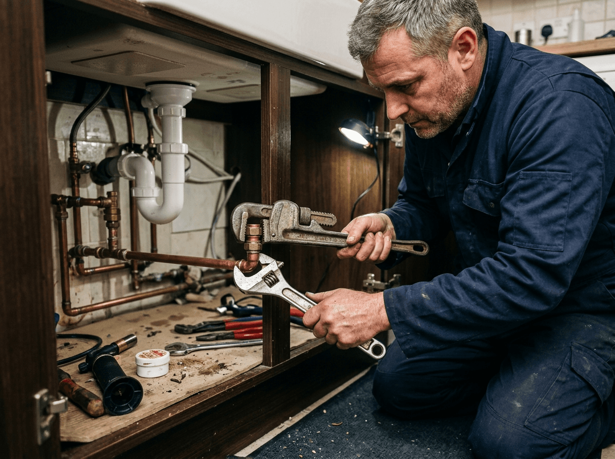 Plumber using a pipe wrench and adjustable spanner to repair pipework under a kitchen sink