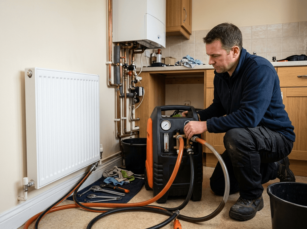 Heating engineer power flushing a central heating system using a flushing machine connected to a radiator